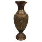 Antique Persian Middle Eastern Hand Engraved Brass Vase 9 5  Vintage Patina Boho