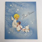 Vintage Mid Century Christmas Greeting Card Cute Angel Child Lamb Blue Stars