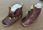 Antique Doll Leather Button Boots Baby Shoes 4     Red Burgundy Dl1