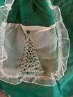 Vtg Half Apron Mcm Sheer Organza Green Silver Embroidered Christmas Tree Design