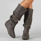 Womens Faux Leather Knee High Riding Boots Flats Pull On Slouch Western Boots