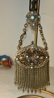 Antique 800 Silver Vermeil Chatelaine Mesh Purse Turquoise Butterfly W Mirror