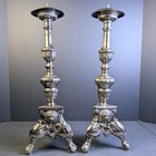 Silverplate Lion Head Pricket Candlesticks Pair 17    Paw Feet Baroque Gothic Vtg