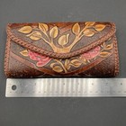 Vintage Hand Made Carved Leather Red Brown Tree Flower Floral Wallet Card Holder