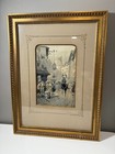 16 x21 5  Framed Vintage Woven Silk Painting Of A European Street Scene