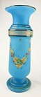 Antique Pontil Bristol Glass Opaline Blue Harrach Vase Hand Painted Gold Enamels