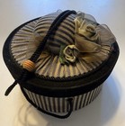 Vintage Victorian Style Round Sewing Box   Striped Fabric   Velvet Trim