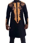 Hefasdm Men s Long Sleeve African Dashiki Traditional Gold Print Button Down    