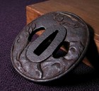 Japanese Antique Iron Tsuba Gold Inlay Nature Motif Samurai Sword Guard Box
