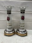 Vtg Sorelle Porcelain Candlesticks Pair Pink Roses Cobalt Blue Gold 7 25 