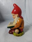 Vtg  50 s Elf Gnome Reading  Book Sitting On Stump Mushroom 6  High Ceramic Xmas