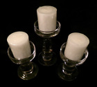 3 Pc Set Of Clear  Heavy Glass Pedestal Candle Holders W 3 Nwot Pillar Candles