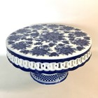 Vintage Cracker Barrel Blue   White Porcelain Pedestal Cake Plate Stand 11  New