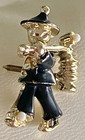 Vintage Asian Water Carrier Brooch Pin Black Enamel Gold Tone Faux Pearl Figural