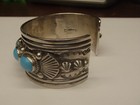 Vintage Navajo Guy Hoskie Sterling Silver Turquoise Cuff Bracelet - Signed