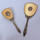 Vtg Gold Tone Vanity Set Hand Mirror Hair Brush Filigree Hollywood Regency Peach