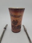 Yerba Mate Tea Set Leather Engraved Gourd W  2 Bombilla Straws Vintage Paraguay