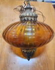 Vtg Mid Century Modern Amber Optic Glass Ufo Flying Saucer Hanging Swag Lamp 60s