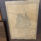 Antique Handmade Oak Frame With Antique Fabric Ship Pic   Framed Whaling Article