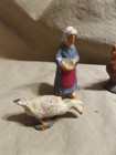 5 Antique Paper Mache Composite Miniature Farm Animals Goose Hens Farmer s Wife