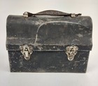 Vintage Black Metal Lunch Box Leather Handle With Wood Look Thermos