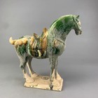 Chinese Tang Tri-color Glazed Ceramics Green War Horse Porcelain Statue 8 11 