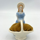  mint  C1919 Antique Czecho-slovakia Porcelain Lady Pin Cushion Velvet Basket