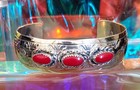 Estate  Vintage Navajo Native American Coral  925 Sterling Silver Cuff Bracelet