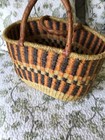 Vintage Woven African Market Basket  Oval  Leather Covered Handles