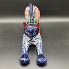Talavera Cat Stretching Folk Art Mexican Hand Painted Blue Orange Pottery