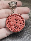 Vintage Carved Bird Chinese Cinnabar   Sterling Pendant Bo