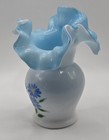 Vintage Kanawha Satin Glass Vase Ruffled Blue Cased Milk Glass Hand Painted 5 