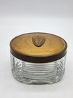 Vintage Art Deco Ribbed Glass Vanity Dresser Powder Jar With Metal Lid Patina