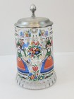 Vintage German Rein-zinn Bmf Pewter Lidded Painted Renaissance Glass Beer Stein