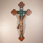 Antique French Painted Wood Crucifix Carved Jesus Corpus Quatrefoil Cross 60 
