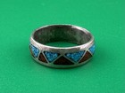 Vintage Navajo Coral   Turquoise Triangle Inlay Ring  sz  7  925 Sterling Silver