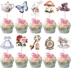 40 Pack Wonderland Theme Cupcake Toppers Key Rabbit Butterfly Alice Girl Cupcake