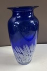 Cobalt Blue And White Art Glass Hand Blown Decorative Vase Vintage