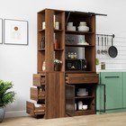 Tall Arched Glass Storage Cabinet With Doors  5 Drawers  Walnut Finish  Kitchen