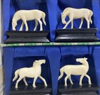 Box Set 8 Vtg Chinese Hand Carved Small White Horse Figurines On Wood Base