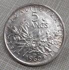 1960 France 5 Francs  835 Silver Coin  the Sower     Au W toning