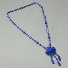 Blue Czech Glass Necklace Art Deco Pendant Tassel Spiral Tube Prong Set Vtg 16 