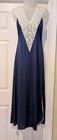 Vtg Beth Michaels Nightgown Sz M Long Sapphire Blue Nylon   Lace Long Side Slit