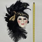 Vintage Clay Art Porcelain Lady Face Mask Wall Decor Feather Headwrap Lady