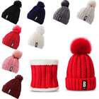 Womens Winter Pompom Beanie Hat Scarf Set Warm Knit Hat Thick Fleece Lined Cap
