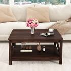 Modern Espresso Square Wood Coffee Table With 2-tier Open Shelf For Living Room