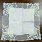 Antique White Lace Edged Rose Applique Wedding Handkerchief Hankie Lawn