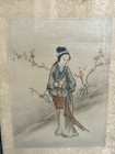 Antique Chinese japanese Woman Watercolor Silk Glass Bamboo Framed 12    X 8 5   