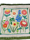 Vtg 1970s Handmade Crewel Embroidery Burlap Floral Pillow Cover Fringe Edge Boho