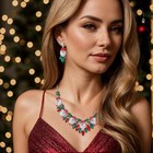  Christmas Santa Claus Jewelry Set Green Red Rhinestone Crystal Cute Statement 